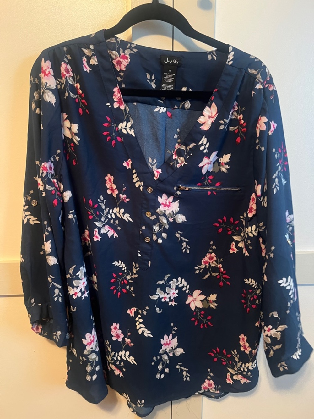 Justify Navy Floral Henley with Zip Pocket